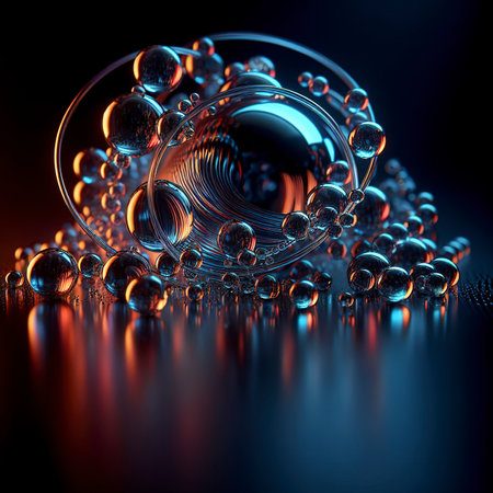 Abstract glass drops beads on a neon dark background, copy spaceの素材