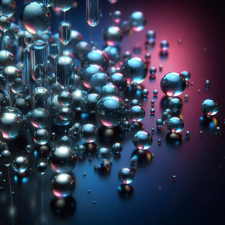 Abstract glass drops beads on a neon dark background, copy spaceの素材