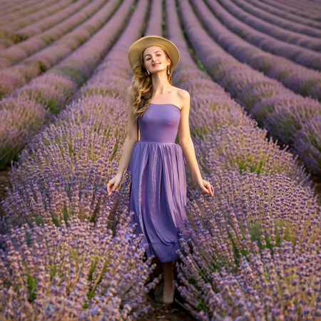 Joyfull woman in purple dress among of purple margaret flowerの素材