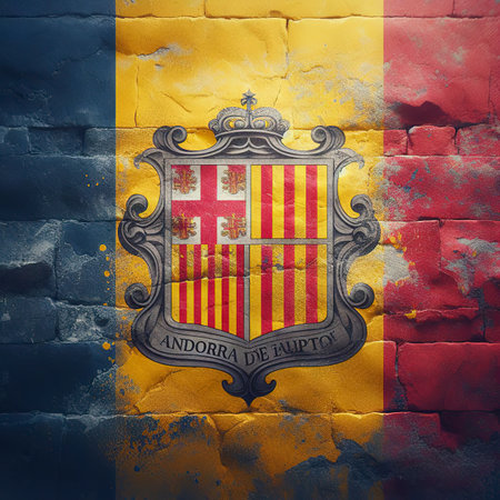 Andorra flag overlay on old granite brick and cement wall texture for background useの素材