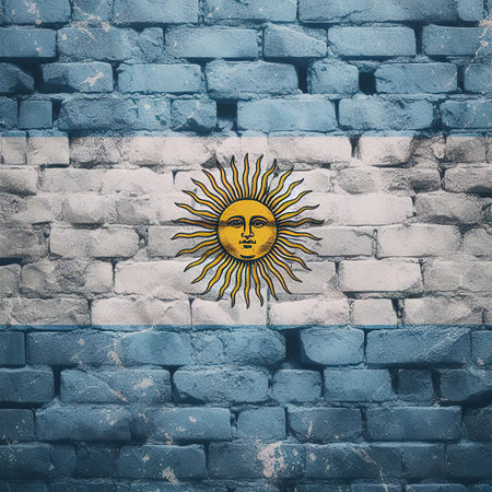 Argentina flag overlay on old granite brick and cement wall texture for background useの素材