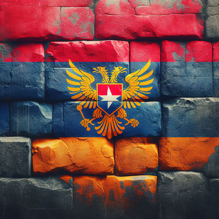 Armenia flag overlay on old granite brick and cement wall texture for background useの素材