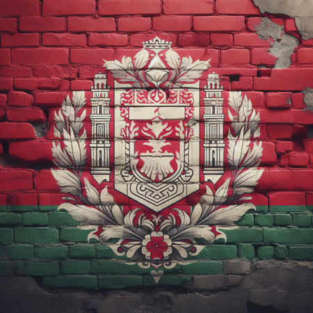 Belarus flag overlay on old granite brick and cement wall texture for background useの素材