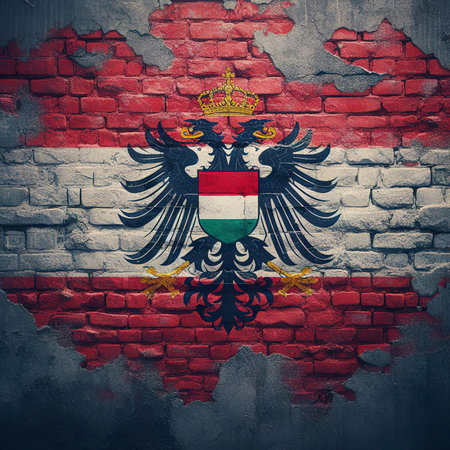 Austria flag overlay on old granite brick and cement wall texture for background useの素材