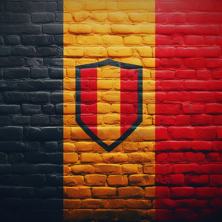 Belgium flag overlay on old granite brick and cement wall texture for background useの素材