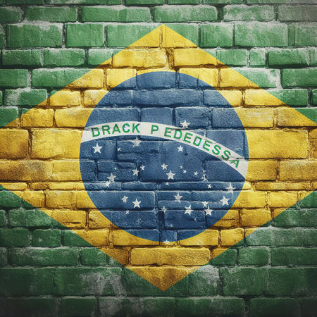 Brazilia flag overlay on old granite brick and cement wall texture for background useの素材