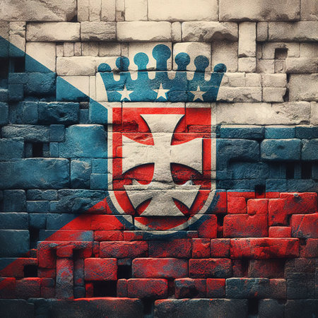 Czech Republic flag overlay on old granite brick and cement wall texture for background useの素材