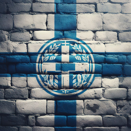 Finland flag overlay on old granite brick and cement wall texture for background useの素材
