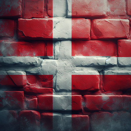 Denmark flag overlay on old granite brick and cement wall texture for background useの素材