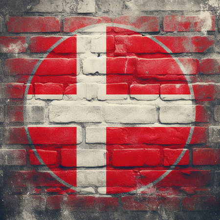 Denmark flag overlay on old granite brick and cement wall texture for background useの素材