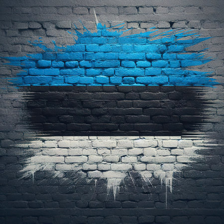 Estonia flag overlay on old granite brick and cement wall texture for background useの素材