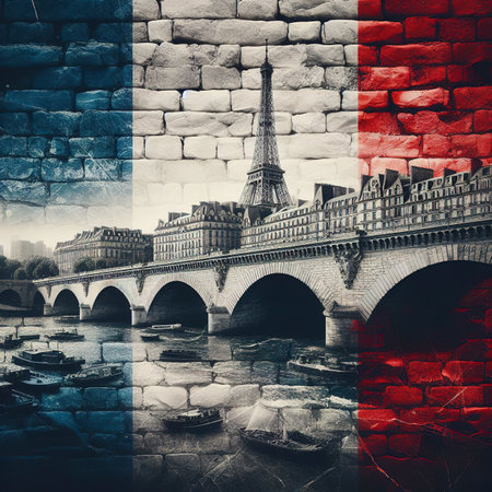 France flag overlay on old granite brick and cement wall texture for background useの素材