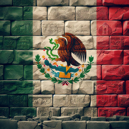 Mexic flag overlay on old granite brick and cement wall texture for background useの素材