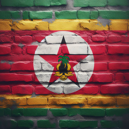 Surinam flag overlay on old granite brick and cement wall texture for background useの素材