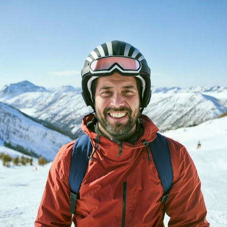 Portrait of a smiling skier with snow mountains in the backgroundの素材