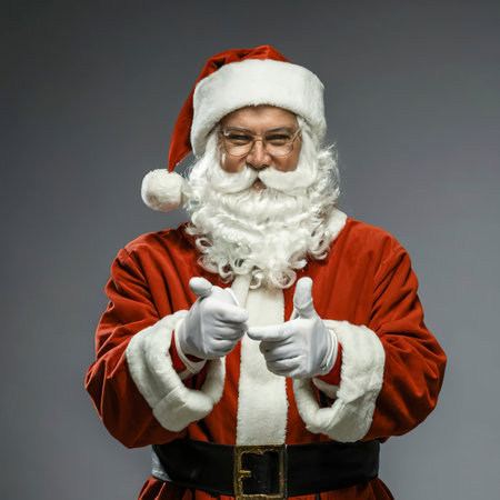Santa Claus indicating something on gray background Copy spaceの素材
