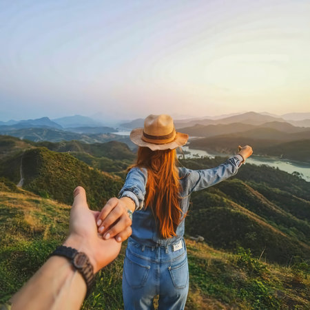 Travel and Business trip theme. Woman wear jeans going on tour and traveling around the world by alone solo girlの素材