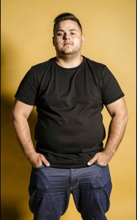 Young confident chubby overweight man with yellow backgroundの素材