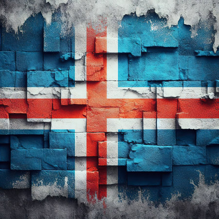 Iceland flag overlay on old granite brick and cement wall texture for background useの素材
