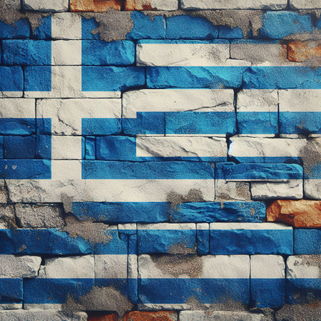 Greece flag overlay on old granite brick and cement wall texture for background useの素材