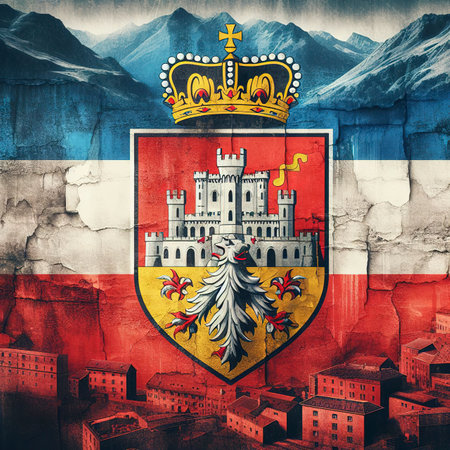 Liechtenstein flag overlay on old granite brick and cement wall texture for background useの素材