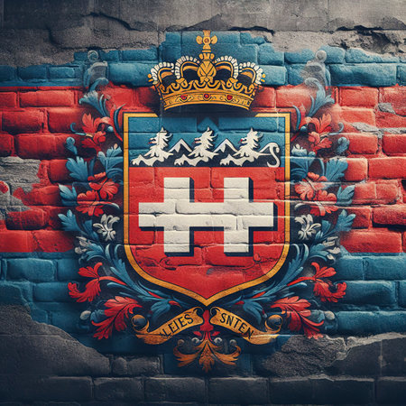 Liechtenstein flag overlay on old granite brick and cement wall texture for background useの素材
