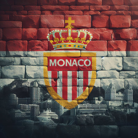 Monaco flag overlay on old granite brick and cement wall texture for background useの素材