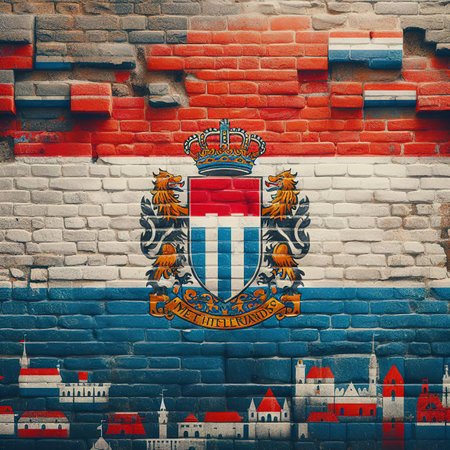 Netherlands flag overlay on old granite brick and cement wall texture for background useの素材