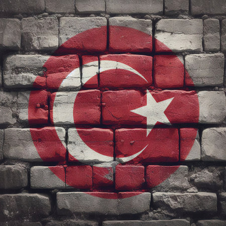Turkey flag overlay on old granite brick and cement wall texture for background useの素材
