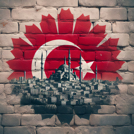 Turkey flag overlay on old granite brick and cement wall texture for background useの素材