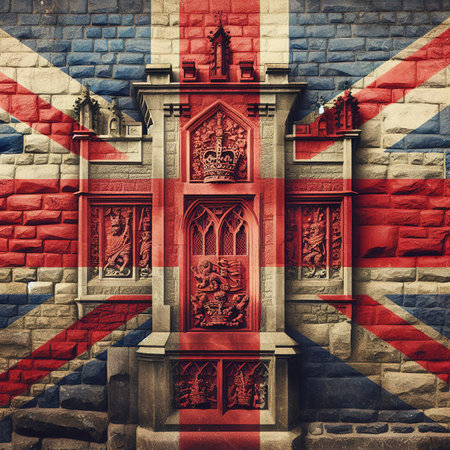 United Kingdom flag overlay on old granite brick and cement wall texture for background useの素材