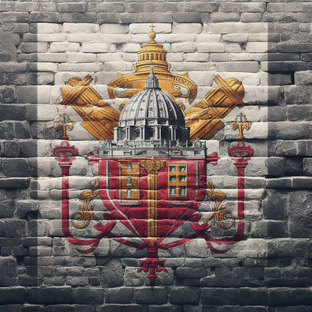 Vatican City flag overlay on old granite brick and cement wall texture for background useの素材