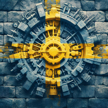 Sweden flag overlay on old granite brick and cement wall texture for background useの素材