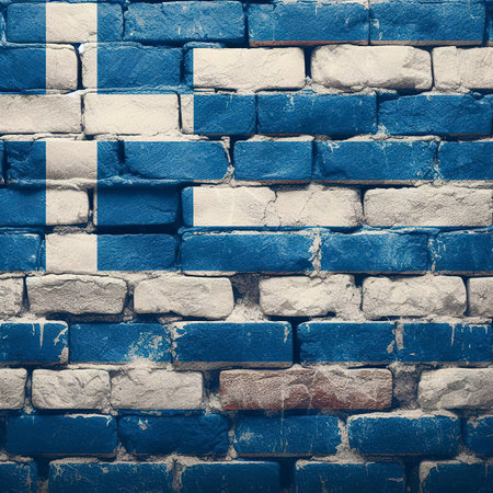 Greece flag overlay on old granite brick and cement wall texture for background useの素材