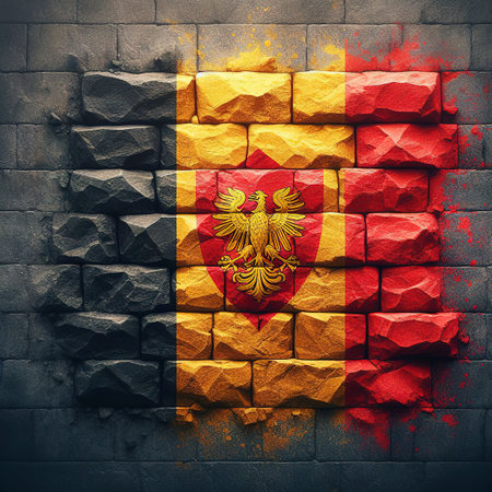 Belgium flag overlay on old granite brick and cement wall texture for background useの素材