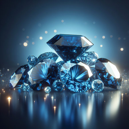 Group of Blue diamond sapphire placed on glossy background main object focus 3d renderingの素材