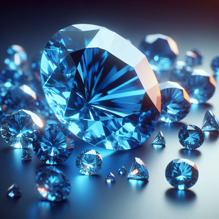 Group of Blue diamond sapphire placed on glossy background main object focus 3d renderingの素材