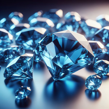 Group of Blue diamond sapphire placed on glossy background main object focus 3d renderingの素材