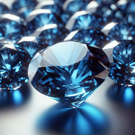 Group of Blue diamond sapphire placed on glossy background main object focus 3d renderingの素材