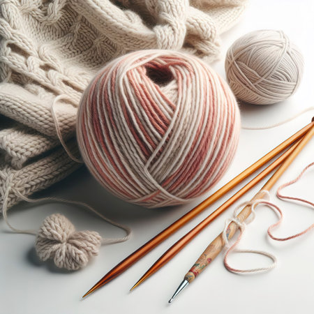 knitting ball of yarn and knitting needles on a white backgroundの素材