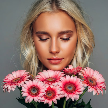 Thoughtful blond woman with pink gerberaの素材