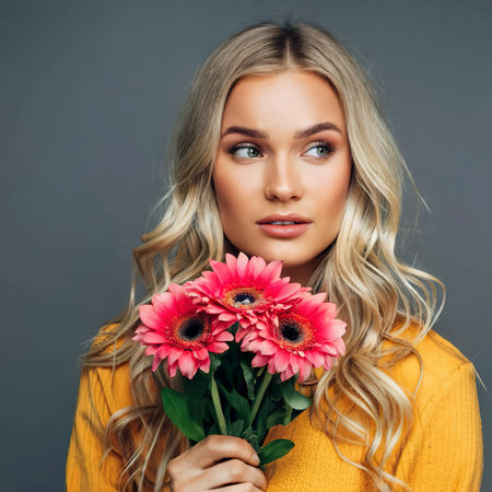 Thoughtful blond woman with pink gerberaの素材