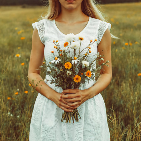 Woman in a white dress holds a bouquet of wildflowers in her handsの素材