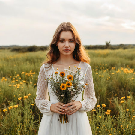 Woman in a white dress holds a bouquet of wildflowers in her handsの素材