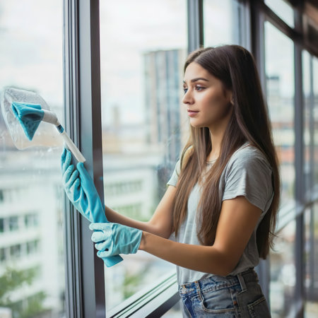 Young beautiful brunette woman cleaning window glassの素材