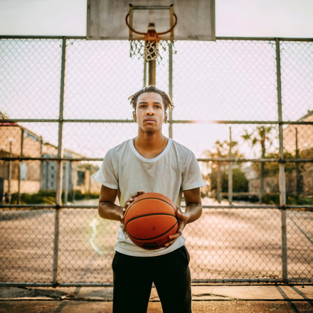 Young man with the basketball behind a fenceの素材