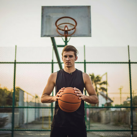 Young man with the basketball behind a fenceの素材
