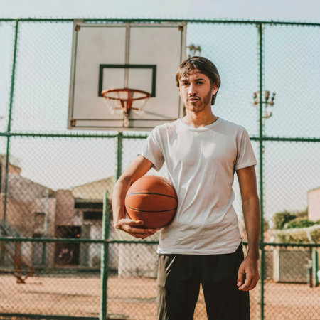 Young man with the basketball behind a fenceの素材