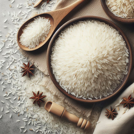 Dry Uncooked White Rice Background - Top View, Flat Lay. Scattered Raw Long Grain Rice. Asian Cuisine and Cultureの素材