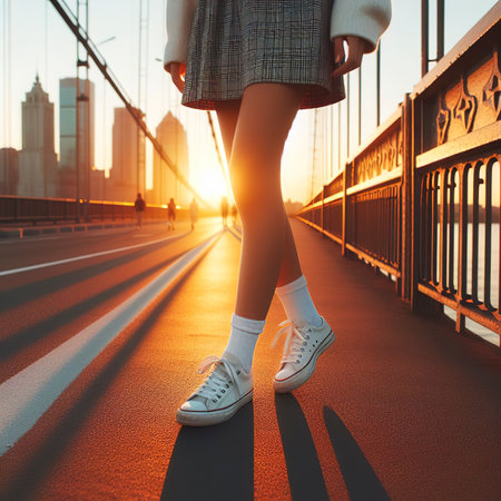 teen girl s legs in white sneakers on the bridge at sunsetの素材